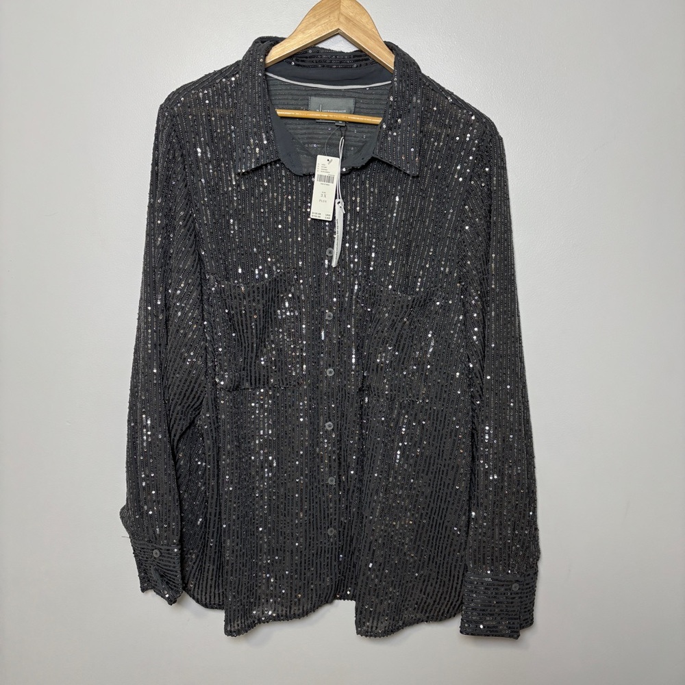 Anthropologie Remie Sequin Button Front Shirt Blouse  Silver Top size 3X NWT